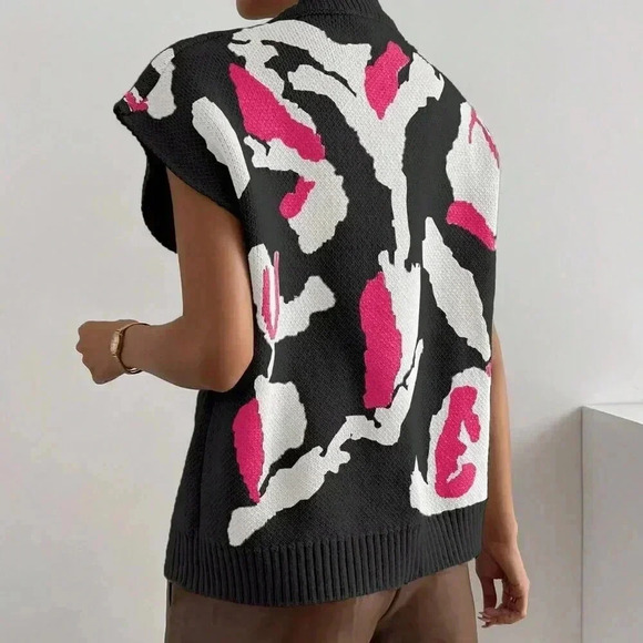 Multicolor Casual Women's Full Print V-Neck Loose Knitted Sweater Vest - Picture 2 of 6